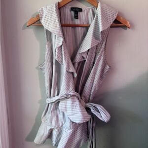 Lauren Ralph Lauren Pinstriped Blue White Ruffle Wrap Tank | XL